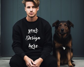 Gildan 18000 Mockup, Men Mockup Crewneck Mockup, male Mockup, black sweater Mock Up, gildan 18000 mockup black, dog mockup, men model