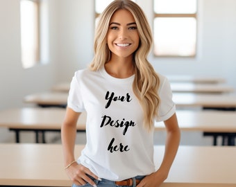 white Bella Canvas Shirt Mockup, shirt mockup, teacher shirt mockup ,trendy mockup, bella canvas 3001 mockup, model,T mockup, white shirt