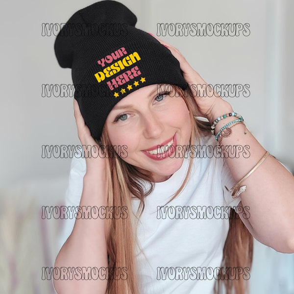 black knit beanie mockup, accessories mockup , beanie mockup, hat mockup, cap mockup, winter mockup, christmas mockup, model mockup,