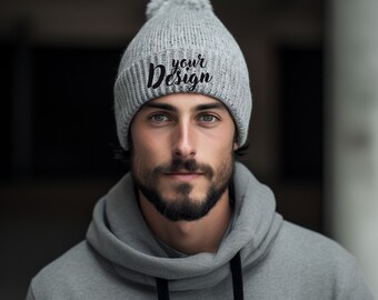 gray knit beanie mockup, accessories mockup , beanie mockup, hat mockup, cap mockup, winter mockup, christmas mockup, model mockup,