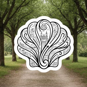 May include: A black and white sticker in the shape of a scallop shell. The shell design features a detailed illustration of a pilgrimage route, including a cathedral, hikers, and arrows, set against a background of trees.