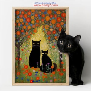 Gustav Klimt Garden Cat Print | Cat Poster | Klimt Flowers | Black Cat Art| Home decor Poster| Floral Print| Funny Cat print| Couple Gifts