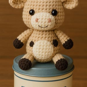 Vache amigurumi au crochet debout sur le couvercle d'un carton de lait fait main