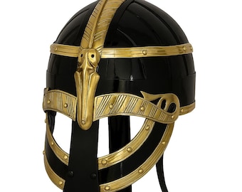 Casco medieval de acero calibre 16, casco vikingo Vendel medieval, armadura de caballero, casco de latón/casco vikingo de cuerno, regalo de guerrero de Halloween para él