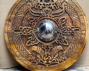 Viking Shield Wall Decor - Medieval Wooden Round Shield - Norse Warrior Shield - Engraved Wooden Shield - Wall Art Halloween Christmas Gift