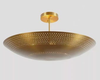 6-Light Modern Brass Flush Mount Ceiling Light | Mid-Century Pendant Chandelier Fixture | Elegant Perforated Sputnik Design
