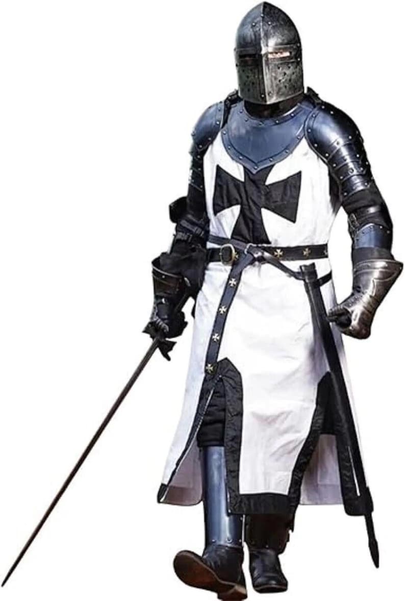 Medeltida svart tempelriddare helkroppsrustning – Cosplay, lajv och Halloweenkostym – Helkroppsrustning i svart stål, present till honom Full Suit w Sword