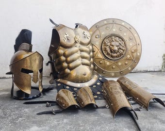 Spartan Warrior Costume Set – 300 Movie Greek Roman Armor | Muscle Cuirass, Helmet, Arm & Leg Guards | Wearable Halloween or Cosplay Outfit