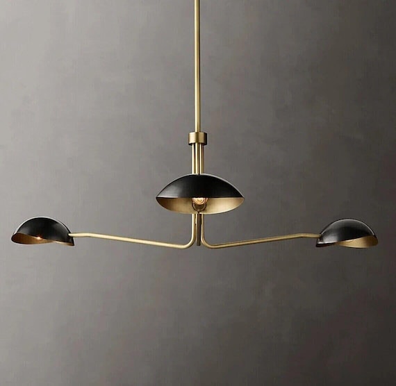 Mid Century Modern Brass Chandelier – 3 Light Sputnik Pendant Lamp | Black & Gold Dining Room Light Fixture | Sputnik Light Fixture