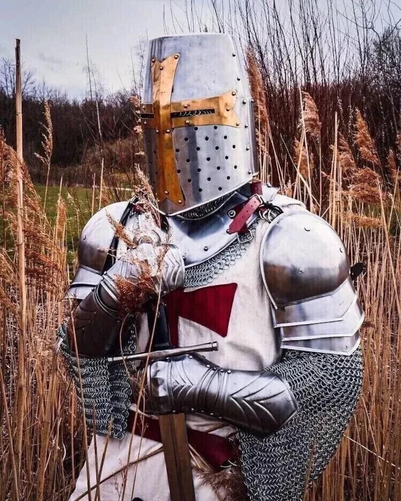 Puede incluir: Un caballero con armadura completa, con un casco con una cruz dorada, se encuentra en un campo de hierba alta. El caballero sostiene una espada en su mano derecha y tiene una cruz roja en su pecho.