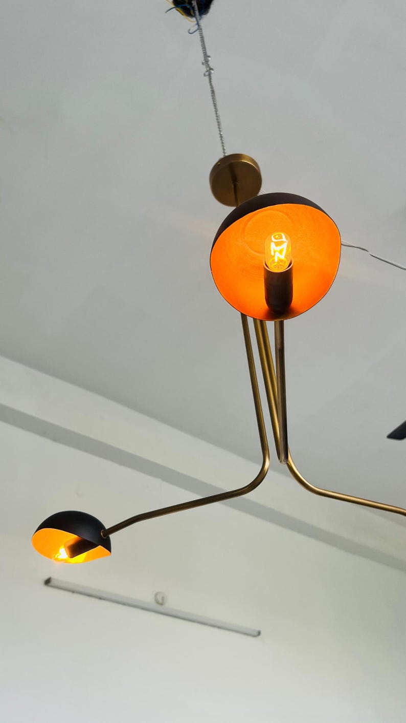 Mid Century Modern Brass Chandelier – 3 Light Sputnik Pendant Lamp | Black & Gold Dining Room Light Fixture | Sputnik Light Fixture image 10