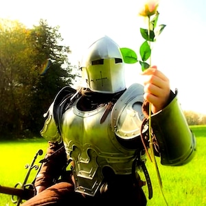 K&ouml;nnte beinhalten: Eine Person in silberner mittelalterlicher R&uuml;stung kniet in einem gr&uuml;nen Feld und h&auml;lt eine Rose. Der Helm hat ein Kreuzdesign. Die Rose hat eine gelb-rosa Bl&uuml;te mit gr&uuml;nen Bl&auml;ttern. Die Szene spielt sich im Freien an einem sonnigen Tag ab.
