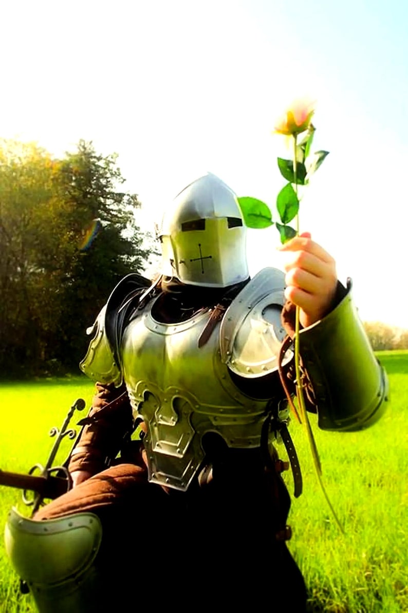 K&ouml;nnte beinhalten: Eine Person in silberner mittelalterlicher R&uuml;stung kniet in einem gr&uuml;nen Feld und h&auml;lt eine Rose. Der Helm hat ein Kreuzdesign. Die Rose hat eine gelb-rosa Bl&uuml;te mit gr&uuml;nen Bl&auml;ttern. Die Szene spielt sich im Freien an einem sonnigen Tag ab.