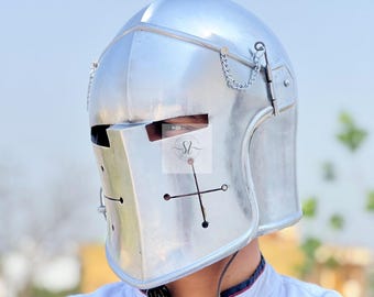 Mittelalterlicher Kreuzritter-Ritterhelm - Vollgesichts-Stahlpanzer Barbuta Helm | Renaissance Cosplay LARP Helm | Handgemachte Sammler Helm