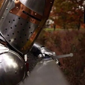 Puede incluir: Un caballero con armadura completa, que lleva un casco plateado con una visera de cobre, sostiene una espada en su mano derecha. El caballero est&aacute; de pie en un entorno boscoso con follaje oto&ntilde;al en el fondo.