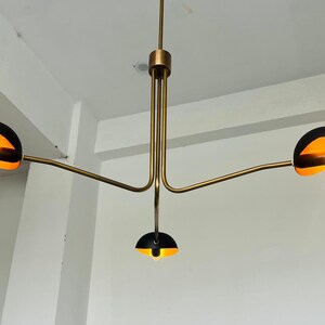 Mid Century Modern Brass Chandelier – 3 Light Sputnik Pendant Lamp | Black & Gold Dining Room Light Fixture | Sputnik Light Fixture image 6