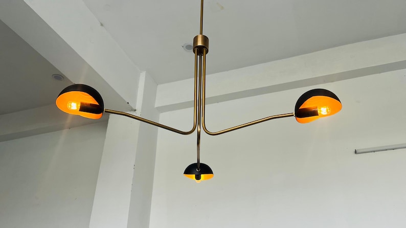 Mid Century Modern Brass Chandelier – 3 Light Sputnik Pendant Lamp | Black & Gold Dining Room Light Fixture | Sputnik Light Fixture image 6