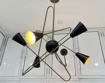 Grande Lustre Moderno de Latão | Lustre de Teto com 6 Braços, Luminária Italiana Pendente de Latão