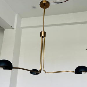 Mid Century Modern Brass Chandelier – 3 Light Sputnik Pendant Lamp | Black & Gold Dining Room Light Fixture | Sputnik Light Fixture image 7