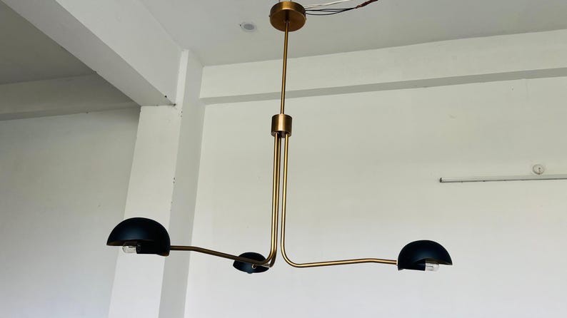 Mid Century Modern Brass Chandelier – 3 Light Sputnik Pendant Lamp | Black & Gold Dining Room Light Fixture | Sputnik Light Fixture image 7