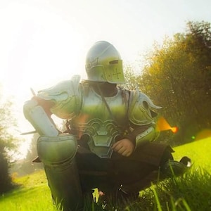 K&ouml;nnte beinhalten: Eine Person in silberfarbener mittelalterlicher R&uuml;stung, einschlie&szlig;lich eines Helms mit Kreuz, sitzt in einem grasbewachsenen Feld. Die R&uuml;stung reflektiert das Sonnenlicht und erzeugt eine historische und fantastische Szene.