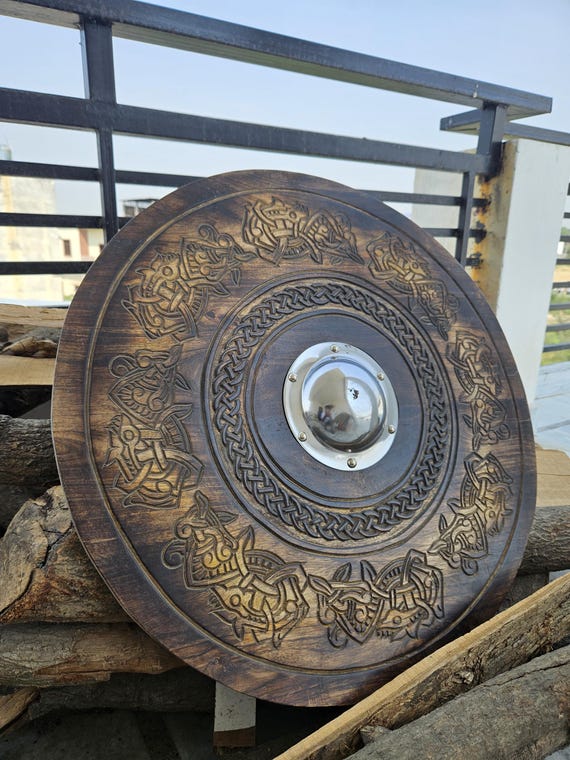 Viking Wooden Shield 24" | Handcrafted Norse Decor | Wall Art or Cosplay | Celtic Knot, Vegvisir, Owl, Norse Beast Designs Wooden Shield
