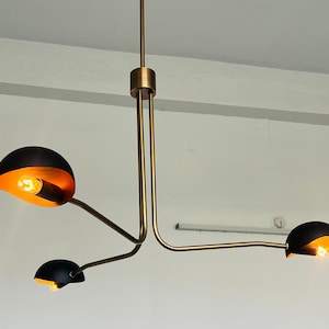 Mid Century Modern Brass Chandelier – 3 Light Sputnik Pendant Lamp | Black & Gold Dining Room Light Fixture | Sputnik Light Fixture image 8