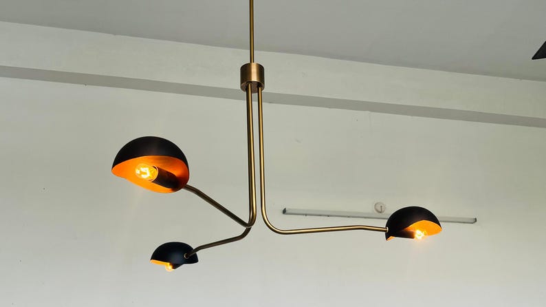 Mid Century Modern Brass Chandelier – 3 Light Sputnik Pendant Lamp | Black & Gold Dining Room Light Fixture | Sputnik Light Fixture image 8