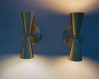 Para kinkietów ściennych z mosiądzu w stylu Mid-Century Modern | Ręcznie robione mosiężne lampy ścienne | Oprawy oświetleniowe w stylu vintage