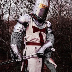 Puede incluir: Un caballero con armadura completa, vistiendo una t&uacute;nica blanca con una cruz roja, sostiene una espada. El caballero est&aacute; de pie en un entorno boscoso.