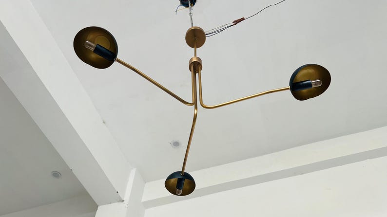 Mid Century Modern Brass Chandelier – 3 Light Sputnik Pendant Lamp | Black & Gold Dining Room Light Fixture | Sputnik Light Fixture image 9