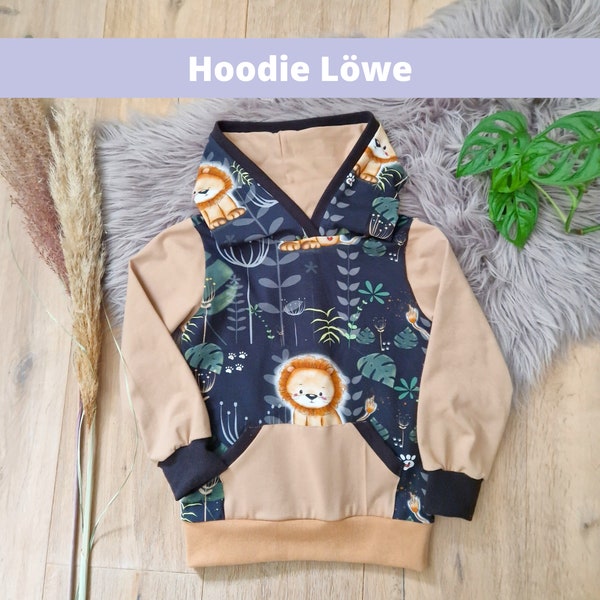 Hoodie Löwe Kinder | Geschenk Junge Mädchen | Pullover mit Kapuze mit Löwen Motiv | Sweater in beige und schwarz |Kapuzenpullover mit Tasche