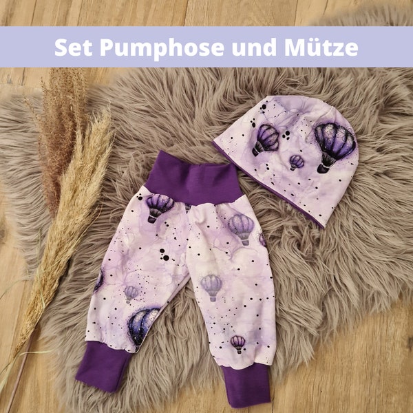 Set aus Pumphose und Mütze für Baby und Kinder | Mitwachshose mit Ballons und Blumen | Geschenk zur Geburt Junge Mädchen