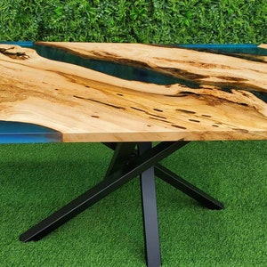 Table à manger époxy faite main en bois massif, résine époxy bleue, bois naturel image 7