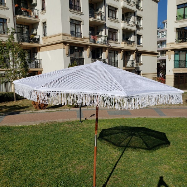 Macrame Boho Umbrella Foldable Stylish Beach and Outdoor Parasol with Cotton Yarn Canopy with Fringe Umbrella