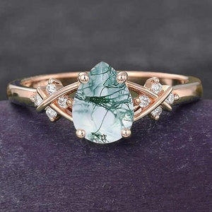 14k Rose Gold Pear Cut Genuine Natural Moss Agate Gemstone Engagement/Wedding/Anniversary Ring For Women Bridal Ring Christmas Gift