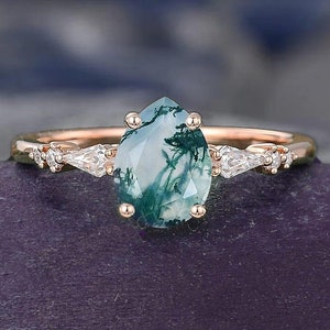14k Rose Gold Pear Cut Half Eternity Genuine Natural Moss Agate Gemstone Engagement/Wedding/Anniversary Bridal Women Ring Christmas Gift