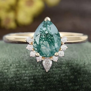 14k Gold Pear Round Cut Genuine Natural Moss Agate Gemstone Engagement/Wedding/Anniversary Ring For Women Bridal Ring Christmas Gift