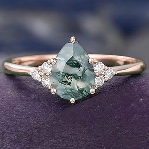 14k Rose Gold Pear Cut Genuine Natural Moss Agate Gemstone Engagement/Wedding/Anniversary Ring For Women Bridal Ring Christmas Gift