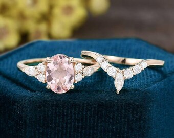 14k Gelbgold Oval Cut Pfirsich Morganit Edelstein mit gebogenem Band Verlobung/Hochzeit/Jubiläum Ring Set Brautring Set Weihnachtsgeschenk