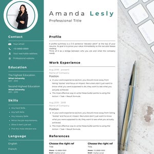 May include: A resume template with a professional design, featuring a headshot, contact information, education, skills, and work experience sections. A pen and keyboard are in the background.