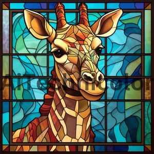 May include: A stained glass window depicting a giraffe with a colorful, geometric pattern. The giraffe's head is turned to the side, and its eyes are closed. The background is a blue and green stained glass pattern.