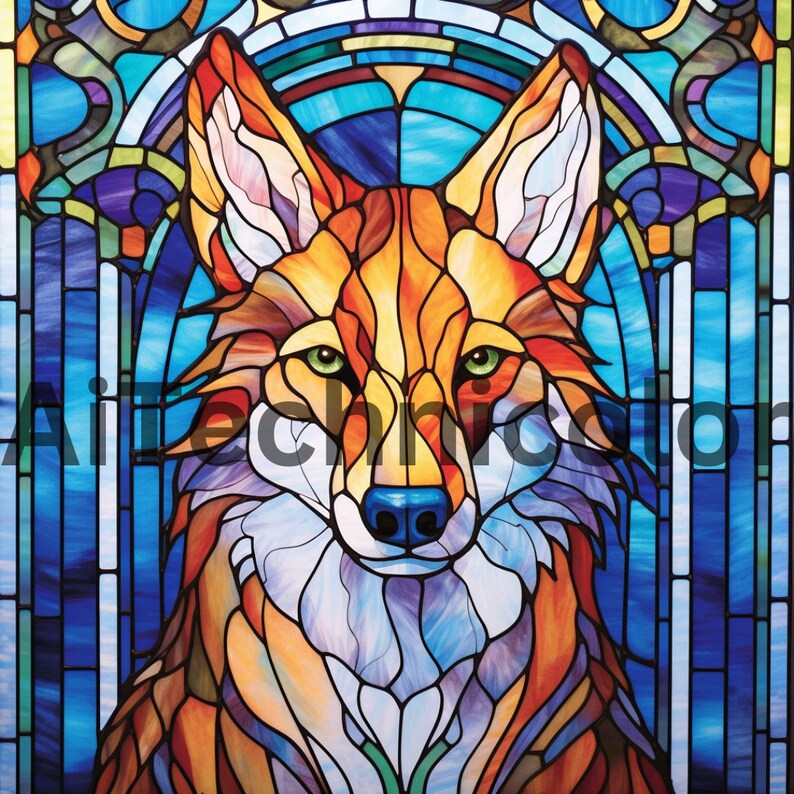 May include: A stained glass image of a fox with orange, red, and yellow fur. The fox's eyes are green, and the background is a blue and purple stained glass design.