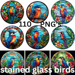 May include: Ten stained glass images of birds in various poses and settings. The birds are all colorful and detailed, with intricate patterns and designs. The backgrounds are also colorful and feature flowers, leaves, and other natural elements.