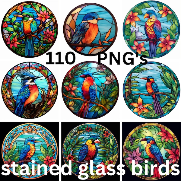 110 Circle Stained Glass Birds Bundle Clipart PNG High-resolution Art Digital Download Printable Commercial Use