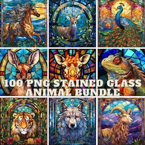 100 Stained Glass Animal Bundle Clipart PNG High-resolution Midjourney Ai Art Digital Download Printable Commercial Use