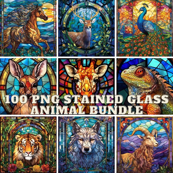 100 Stained Glass Animal Bundle Clipart PNG High-resolution Midjourney Ai Art Digital Download Printable Commercial Use