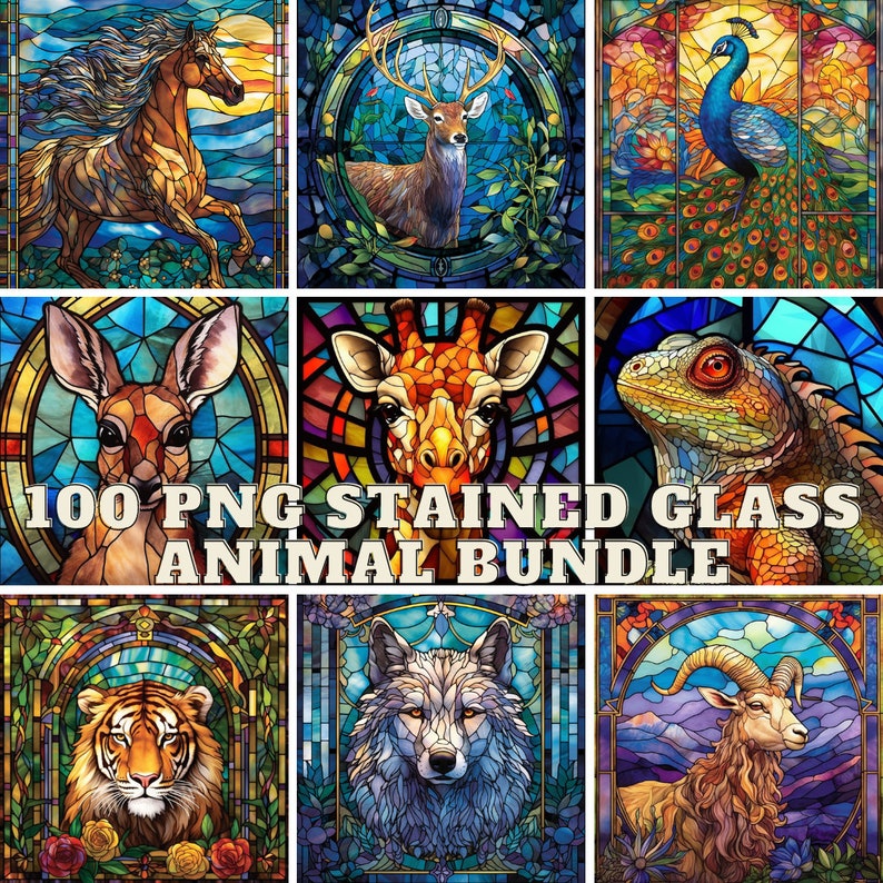 May include: A collection of 100 stained glass animal illustrations. The images feature a variety of animals, including a horse, deer, peacock, giraffe, lizard, deer, wolf, and a mountain goat. The images are all in a stained glass style, with vibrant colors and intricate details.