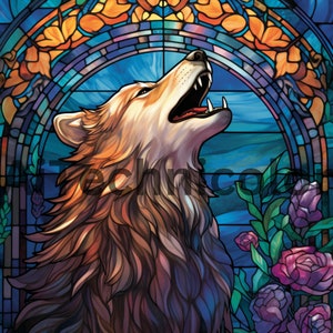 May include: A stained glass style illustration of a wolf howling at the moon. The wolf is brown, white, and black with a detailed fur pattern. The background is a blue and purple sky with a stained glass window frame.