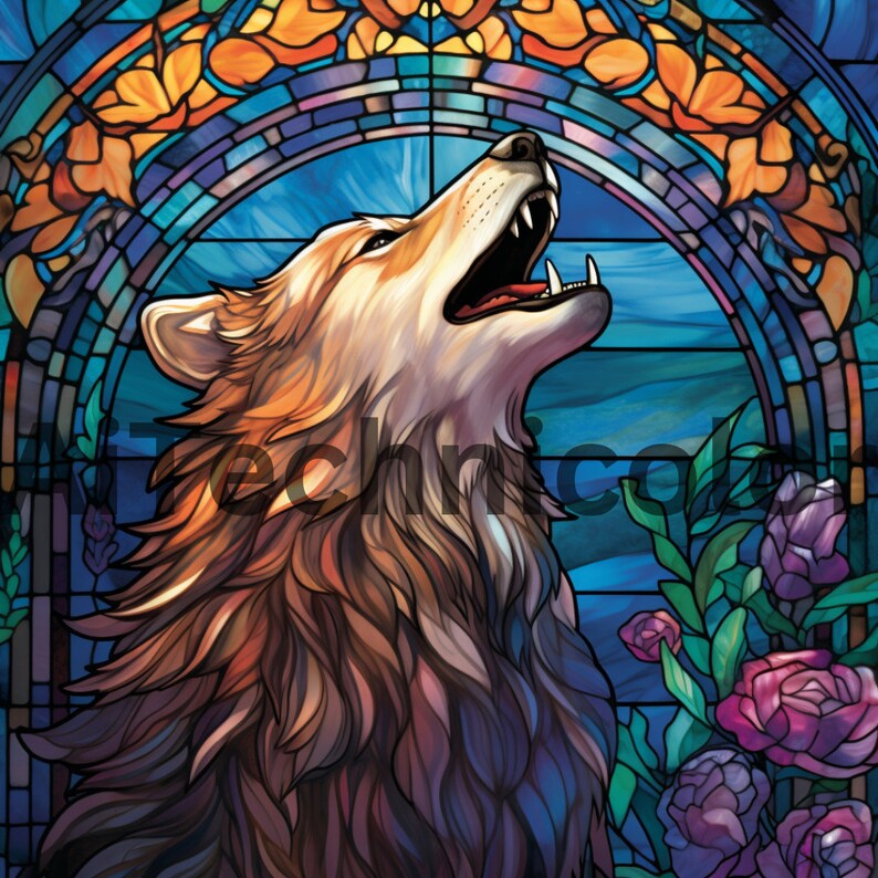 May include: A stained glass style illustration of a wolf howling at the moon. The wolf is brown, white, and black with a detailed fur pattern. The background is a blue and purple sky with a stained glass window frame.